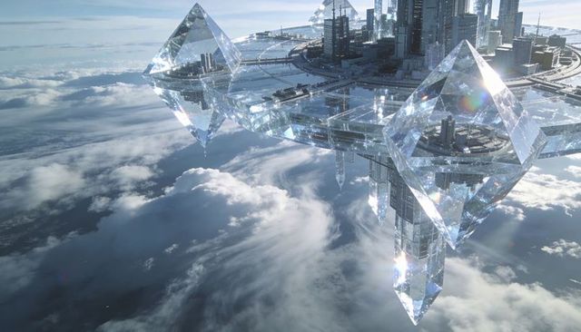 Hovering crystal city refracting sunlight above clouds with mirrored prismatic towers