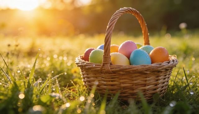Glistening wicker basket holding pastel easter eggs on dewy meadow in soft morning light