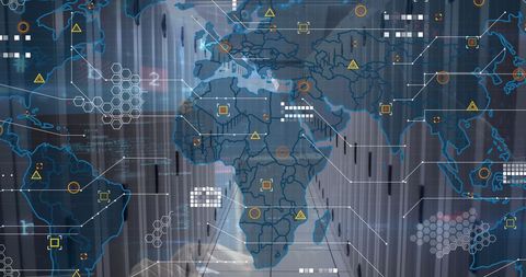 Global Cybersecurity Data with World Map Overlay and Server Room - Download Free Stock Images Pikwizard.com