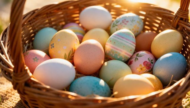 Wicker basket of pastel easter eggs with floral and speckled designs in warm sunlight