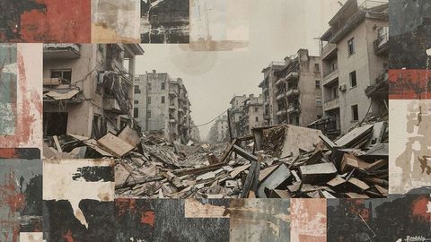 Urban ruins depicting earthquake destruction and disorder in residential area