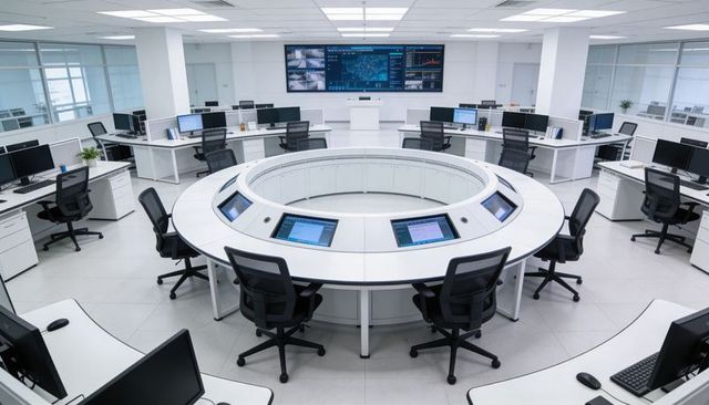 Futuristic circular command center console with integrated touchscreens and wall displays