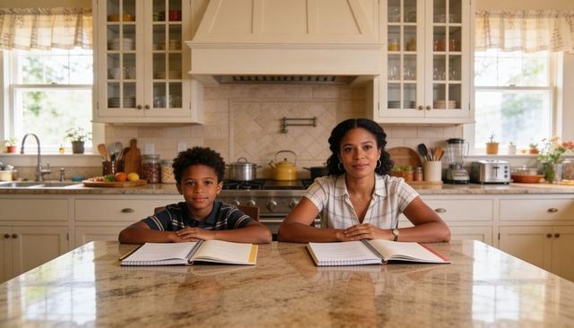 Mother and son studying together at bright farmhouse kitchen island with spiral notebooks
