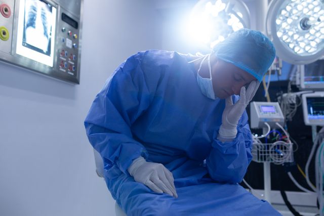 Surgeon in blue scrubs and gloves sitting in an operating room, showing signs of stress and fatigue. Medical equipment and x-ray visible in the background. Useful for illustrating the challenges and pressures faced by healthcare professionals, medical articles, hospital brochures, and healthcare-related content.
