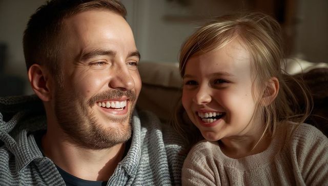 Father and daughter laughing together on sofa in warm sunlight, cozy family bond closeup