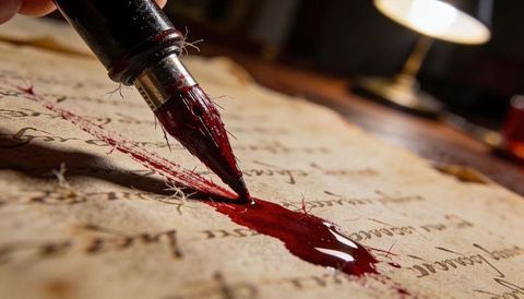 Antique fountain pen nib dripping crimson ink on aged parchment under warm lamp