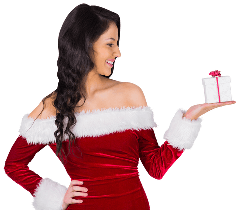 Smiling woman in santa costume holding transparent gift box