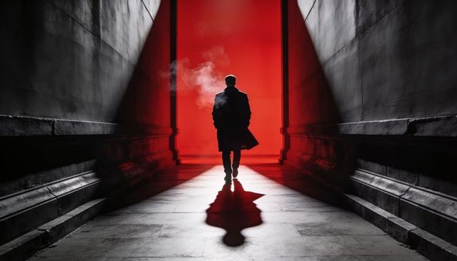 Walking silhouetted man through stone corridor toward red-light portal cinematic noir