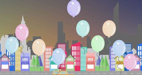 Colorful Balloons Floating Over Modern Cityscape at Sunset