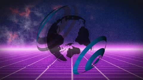 Digital Globe with Glitch Effect on Purple Grid Background