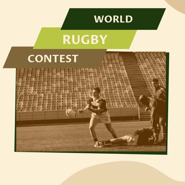 Composition of world rugby contest text over diverse rugby players. World rugby contest and sport concept digitally generated image.