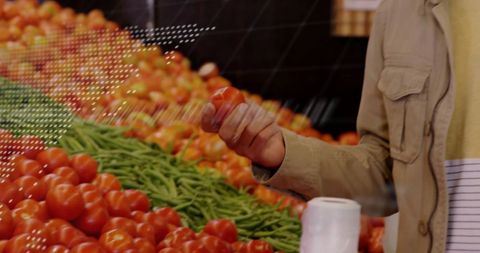 Financial Data Overlay on Man Shopping for Produce in Market