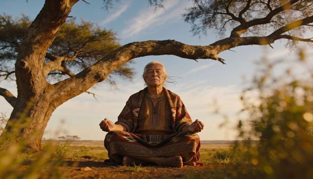 Senior man meditating on savanna under tree at sunset wearing patterned robe for mindfulness