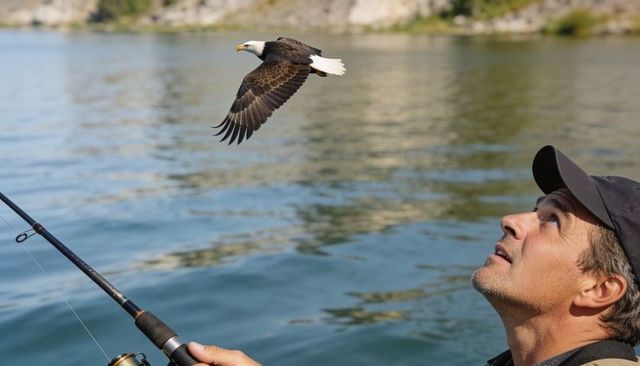 Man watching bald eagle soaring over lake while holding fishing rod