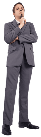 Serious Businessman Posing Holding Glasses on Transparent Background