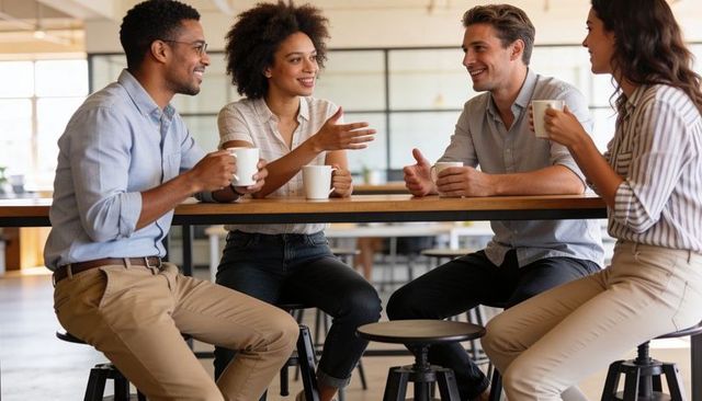 Young professionals enjoying coffee and networking around high table in modern office