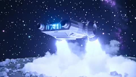 Rectangular spacecraft igniting dual thrusters ascending from icy crater with blue exhaust