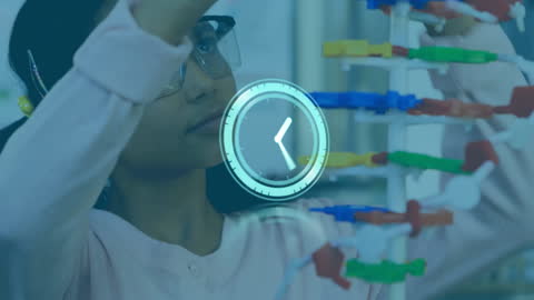 Young Scientist Exploring DNA Structure with Clock Overlay