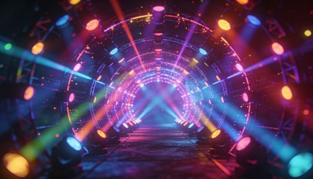 Illuminating neon tunnel stage portal with multicolored spotlights and circular truss haze
