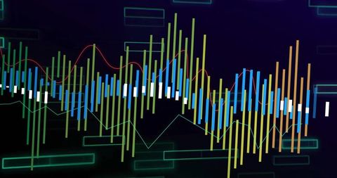 Neon Financial Data Visualization with Multicolored Candlestick Bars and Trend Lines