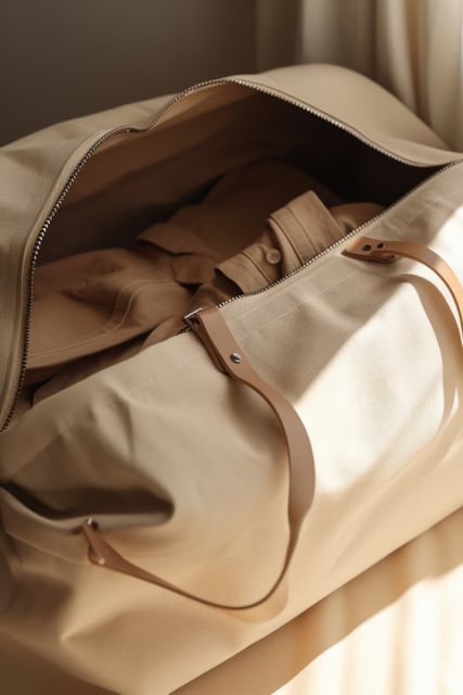 Unzipped cream travel bag on cream fabric background, created using generative ai technology. Travel and vacations, digitally generated image.