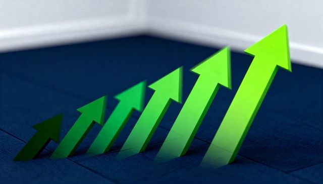 Glossy 3d green arrows rising diagonal growth concept on dark blue floor