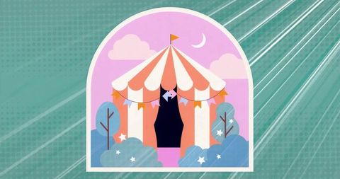 Whimsical carnival tent with pink stripes and bunting