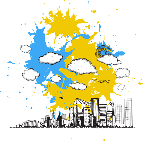 transparent cityscape with colorful clouds and abstract elements - Download Free Stock Videos Pikwizard.com