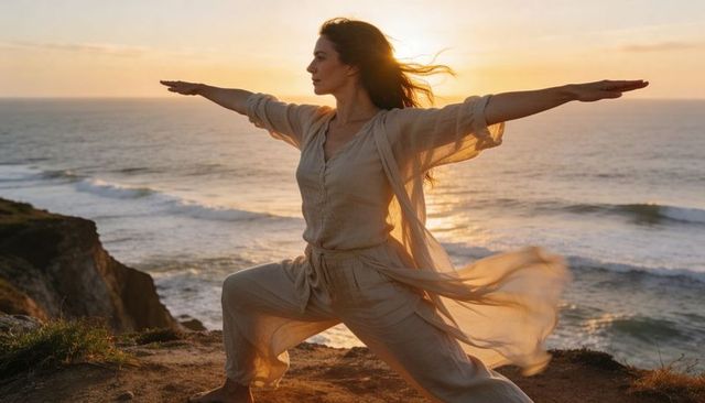 Woman practicing warrior ii yoga on coastal cliff at sunset wearing flowing linen