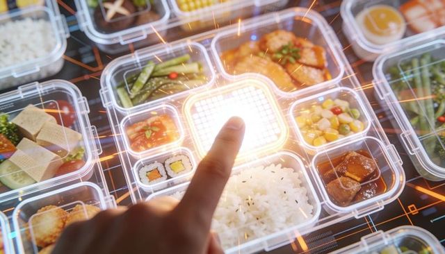 Touch-activated smart bento panel for holographic meal selection and high-tech meal prep