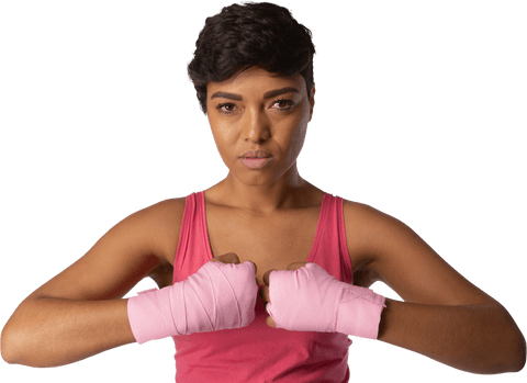Strong woman standing in pink for breast cancer awareness on transparent background