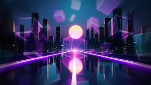Futuristic Cityscape with Neon Glow and Digital Elements