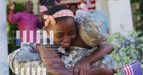 Hugging soldier embracing daughter on porch during patriotic homecoming, holding american flag