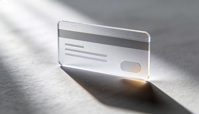 Standing frosted translucent payment card casting long shadow on textured paper minimalist