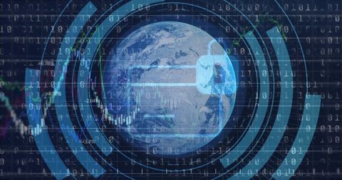 Global cybersecurity fintech protection locking digital globe with market analytics hud