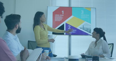 Diverse team engaged in interactive business presentation