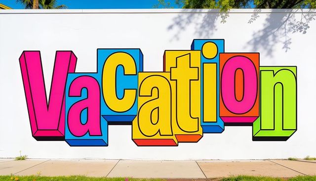 Bright 3d vacation mural featuring bold multicolor letters on sunlit white wall with palm shadows