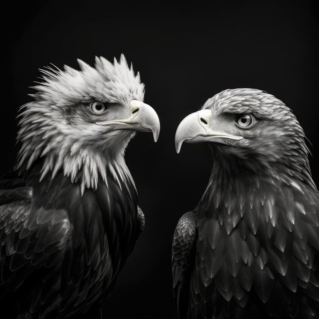 Black and white close-up of two eagles facing each other, showing intricate feather details and intense expressions. Useful for wildlife publications, educational materials, symbolic marketing campaigns, or nature-themed decor.