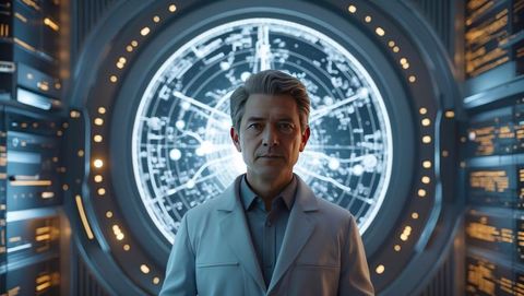 Astrophysicist in futuristic control room with star chart