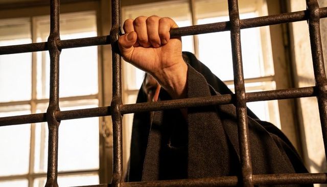 Hooded figure gripping rusted prison bars, backlit window silhouette conveying tension