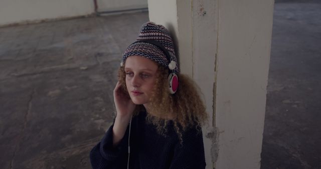 Thoughtful Young Woman Listening to Music with Headphones in Urban Place - Download Free Stock Images Pikwizard.com