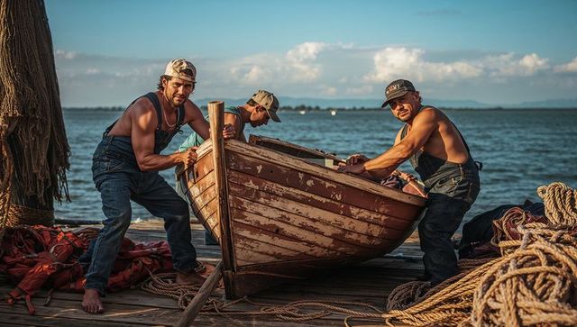 Fishermen hauling weathered rowboat on dock at golden hour, nautical teamwork