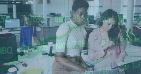 Diverse Team Analyzing Data with Stock Market Overlay