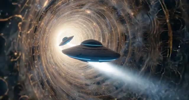 Futuristic UFOs Navigating Through Energy Tunnel