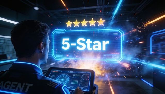 Futuristic control room agent viewing 5-star holographic rating