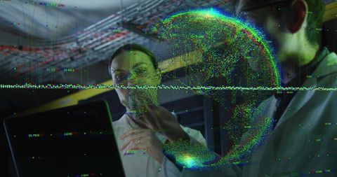 Researchers Manipulating Holographic Globe Over Laptop in Data Center with Glitch Effect