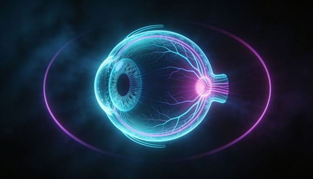 Glowing holographic eye rotating in dark virtual space showing retina, iris and optic nerve