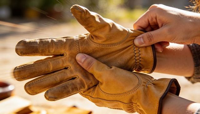 Putting on sunlit leather work gloves at outdoor workshop