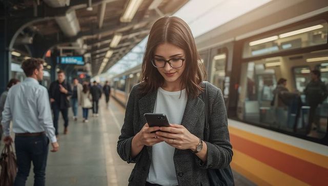 Young professional commuting while checking smartphone on busy urban train platform