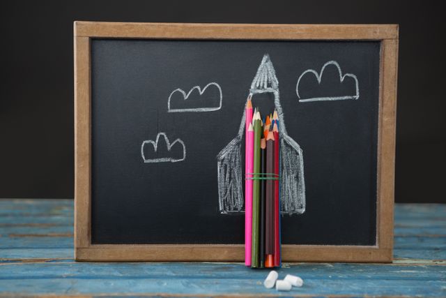 Colorful pencils arranged to form a rocket drawing on a blackboard with chalk clouds. Ideal for educational content, back-to-school promotions, children's art projects, and creativity-themed materials.